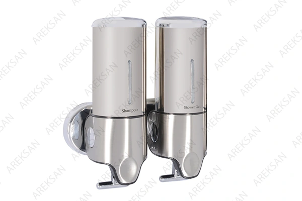 İkili sabun şampuan dispenseri – 2x500 mL paslanmaz çelik alttan çekmeli model