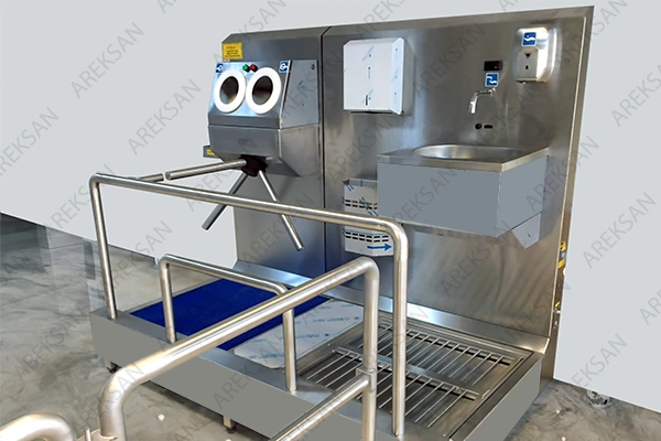 Integrated hygiene line with hygiene barrier and turnstile system with sink ensures safe passage and disinfection.