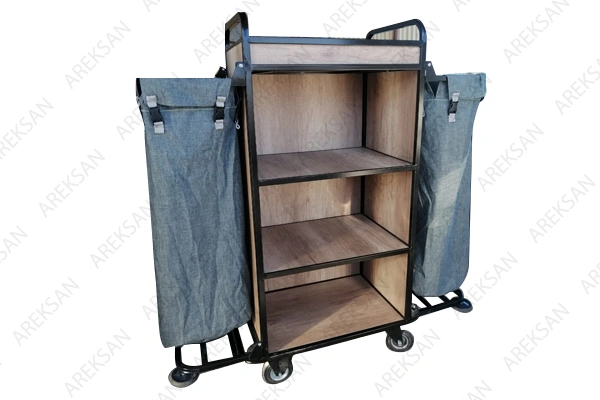 Ahşap gövdeli otel kat servis arabası – çamaşır ve temizlik taşıma çözümü