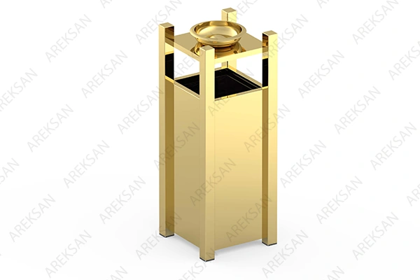 Lüks mağaza girişlerinde kullanılan gold kaplamalı PVD dış mekan çöp kovası