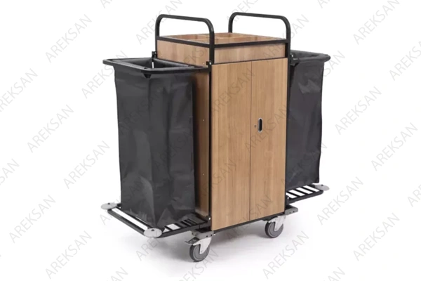 Ahşap kaplamalı çift torbalı otel kat temizlik arabası – hareketli raflı model