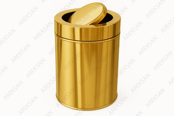 Otel odaları için tasarlanmış, gold kaplama paslanmaz çelikten üretilmiş 5 litrelik kapaklı otel tipi çöp kovası.